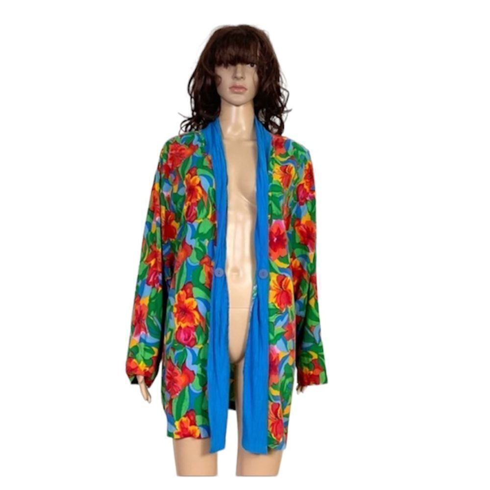 R&K Originals Boho Blue Green Red Floral Print Open Front Kimono L